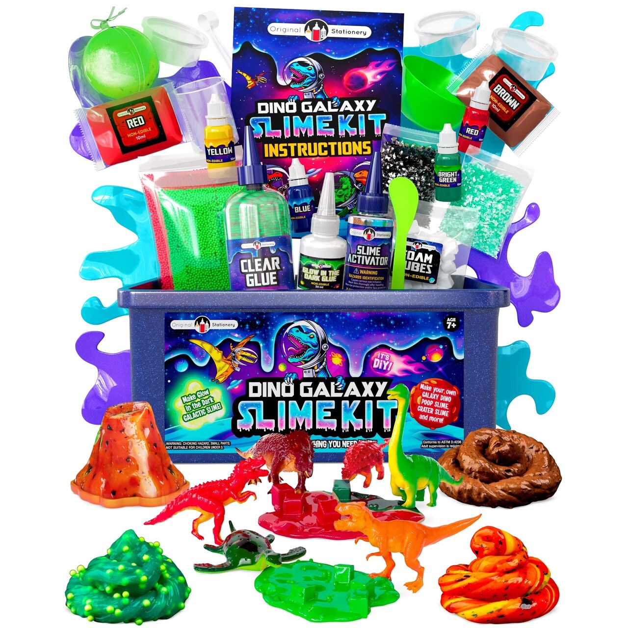 Original Stationery Dinosaur Galaxy Slime Kit for Boys Ages 7-12, DIY Glow-in-The-Dark Slime Set with Glitter & Dinosaur Toys, Fun Space-Themed Craft Activity, Easter for Kids